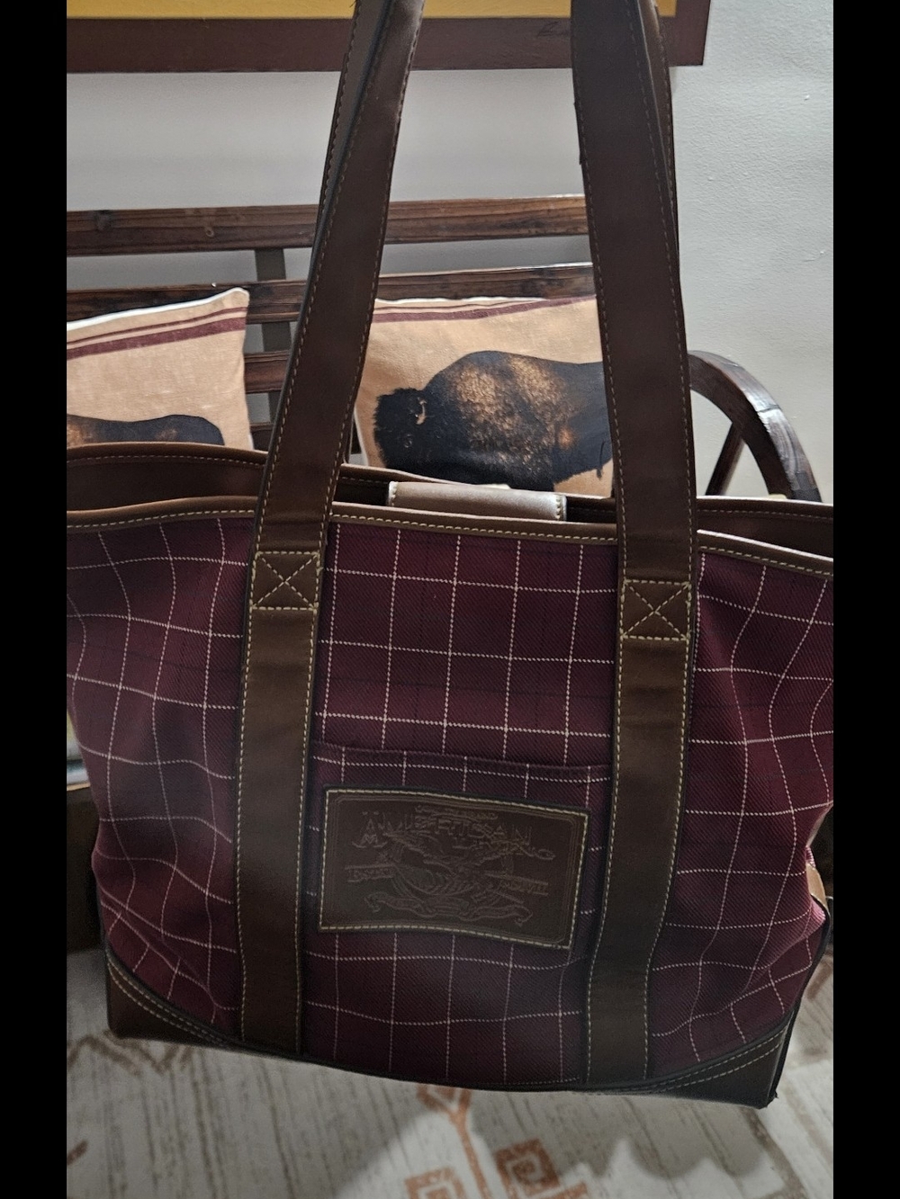 Womens American Living Maroon Checked Tote Bag with Brown Leather Trim Classic